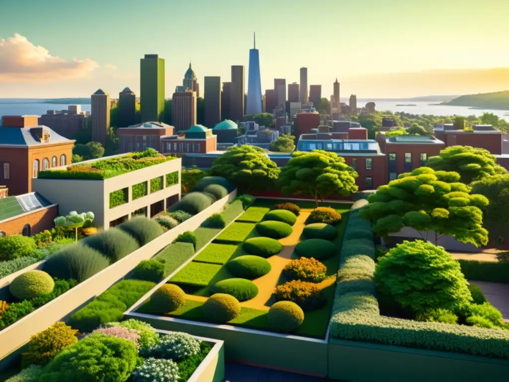 Un hermoso skyline urbano con techos verdes que regulan la temperatura