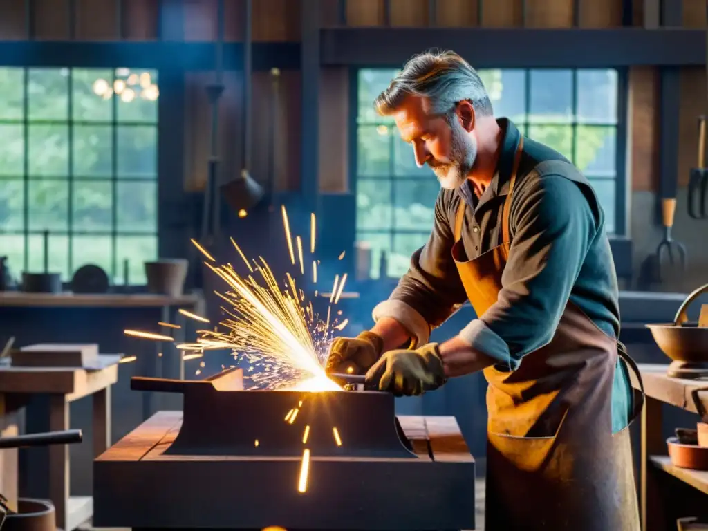 Un herrero crea elementos artesanales para transformar espacios en su taller soleado, con chispas volando mientras da forma al metal con cuidado y destreza, capturando la esencia de la artesanía atemporal