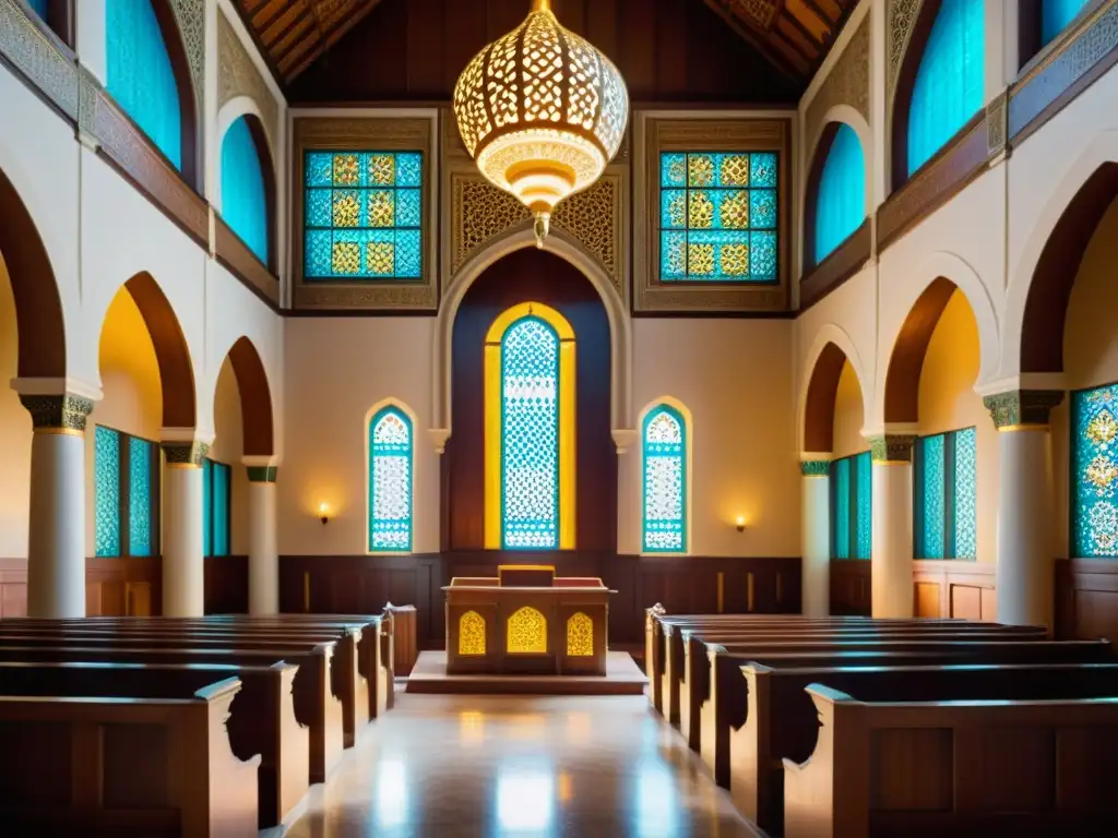 Interior de sinagoga histórica con influencia islámica, patrones geométricos, luz cálida y atmósfera de reverencia y riqueza cultural