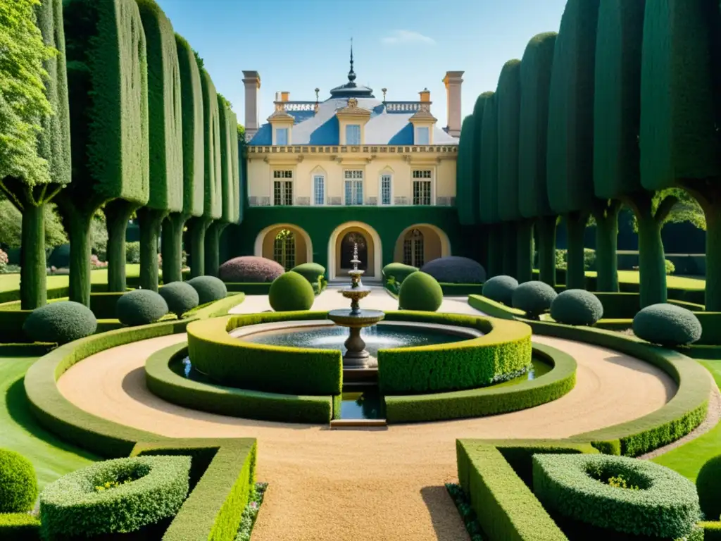 Un jardín histórico meticulosamente cuidado con senderos intrincados, fuentes ornamentales y setos recortados