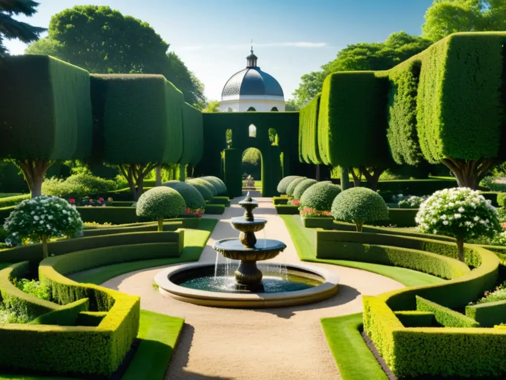 Jardín histórico con sistemas de riego inteligente, fuentes y arquitectura antigua, bañado por la luz del sol