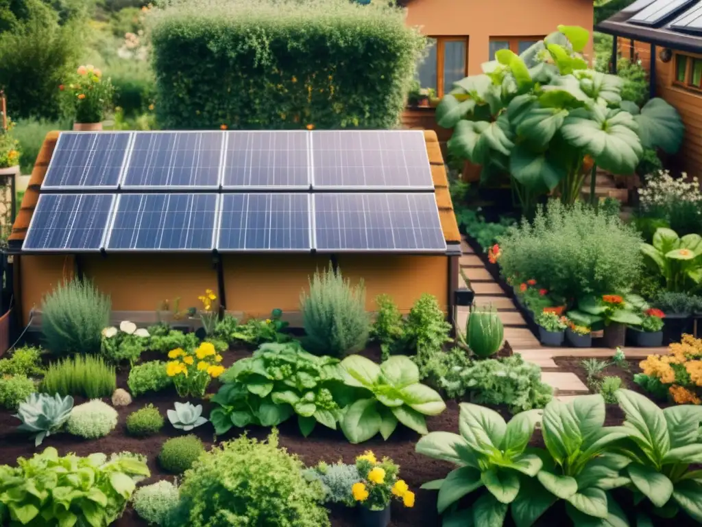 Un hogar sostenible y acogedor con huertos solares domésticos bajo techo, plantas exuberantes y tonos cálidos