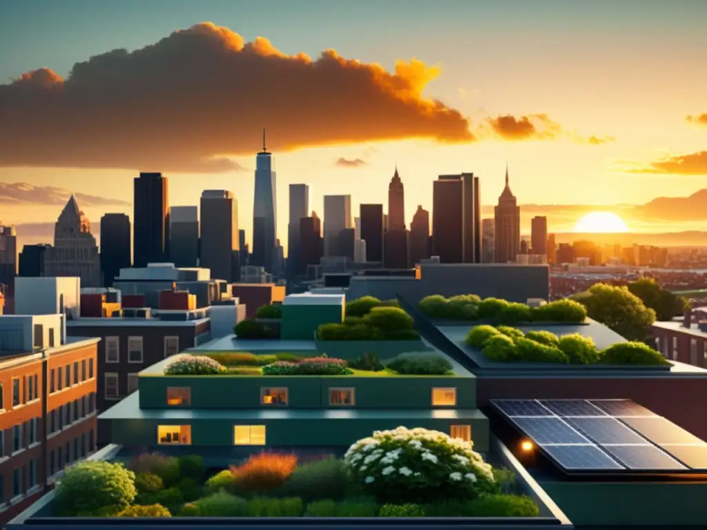 Horizonte de la ciudad al atardecer con estrategias de diseño de eficiencia energética, como paneles solares y techos verdes, creando una escena urbana serena y sostenible