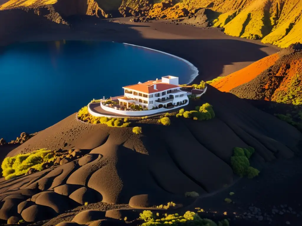 Hotel de arquitectura adaptativa en zonas volcánicas, integrado en el paisaje con roca volcánica local, bañado por la suave luz dorada del amanecer