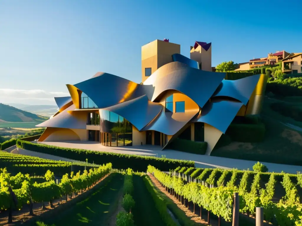 Hotel Marqués de Riscal: arquitectura modernista en la región de Rioja, con su icónica fachada de titanio brillando al sol y viñedos en el horizonte