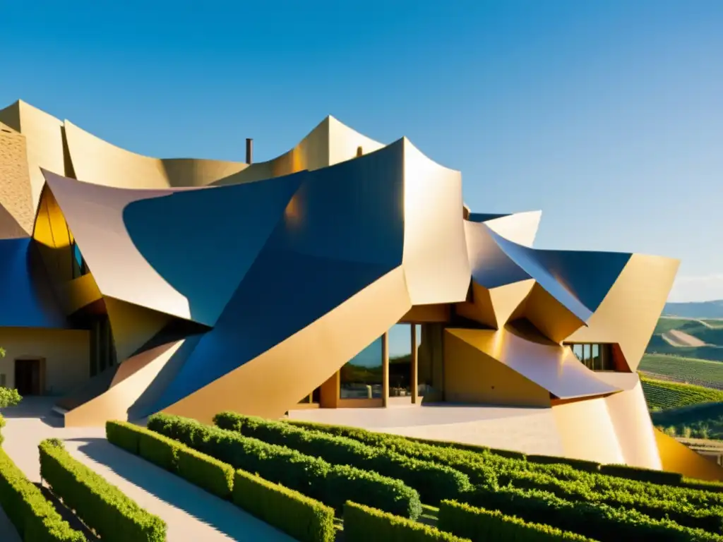 Hotel Marqués de Riscal, arquitectura modernista de Frank Gehry, con techo de titanio ondulado brillante, en contraste con viñedos y colinas