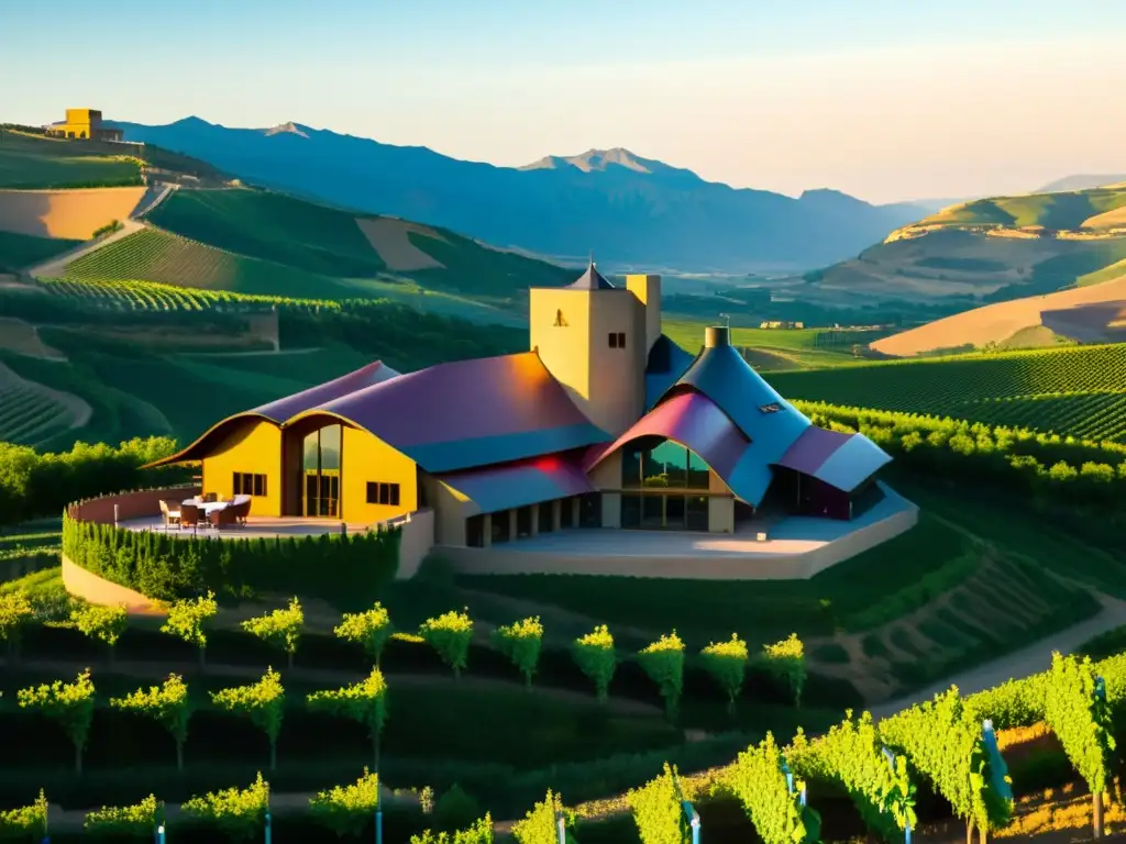 Hotel Marqués de Riscal: arquitectura modernista en La Rioja, entre viñedos y colinas bajo la cálida luz del atardecer