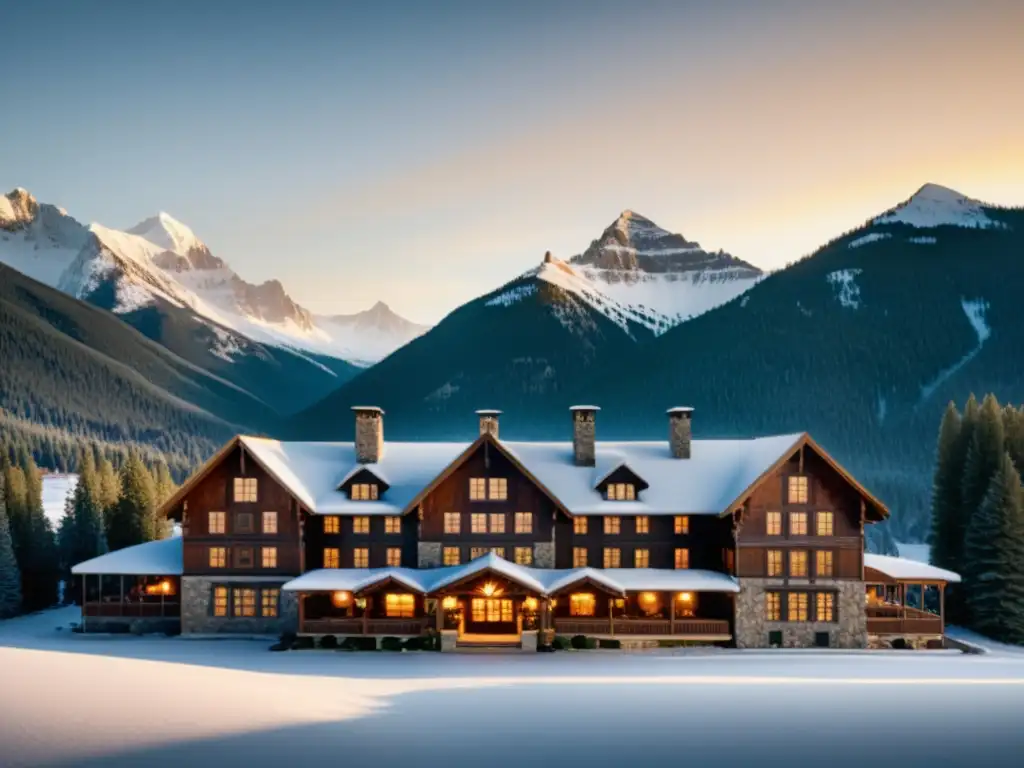 Hotel de montaña con arquitectura vintage, rodeado de picos nevados y pinos, bañado por la luz dorada del atardecer