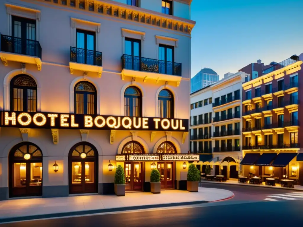 Boutique hotel vintage entre rascacielos Un hotel boutique vintage se destaca entre rascacielos en una ciudad cosmopolita