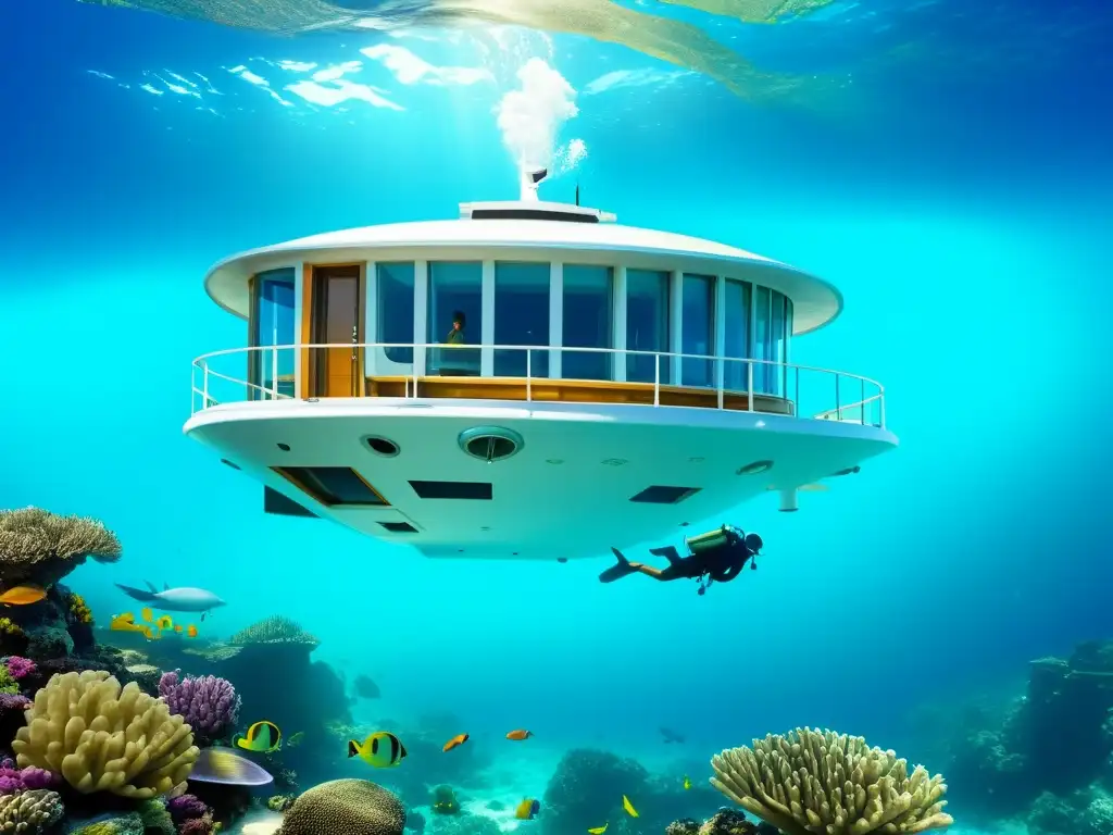 Hotel bajo el mar experiencia: Ilustración vintage de un hotel submarino rodeado de vida marina colorida, huéspedes disfrutan buceo y snorkel en aguas claras