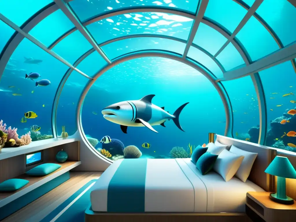 Hotel bajo el mar experiencia: Ilustración vintage de un hotel futurista bajo el agua con arquitectura elegante y grandes ventanas de vidrio que muestran la vida marina