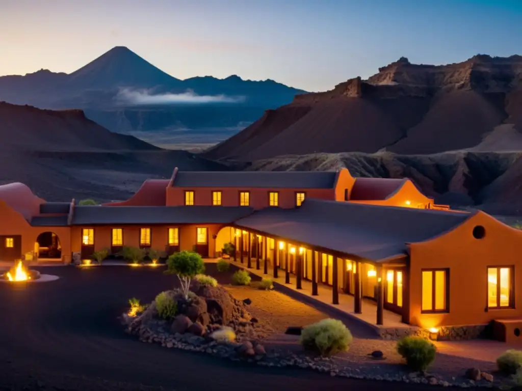 Hotel vintage en paisaje volcánico, arquitectura adaptativa en zonas volcánicas