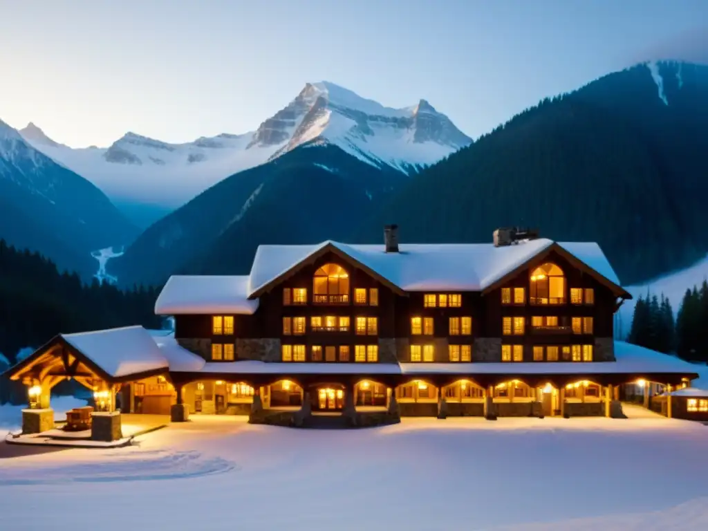 Hotel de montaña vintage entre picos nevados, con arquitectura de madera y piedra, iluminado y rodeado de misterio y tranquilidad estelar