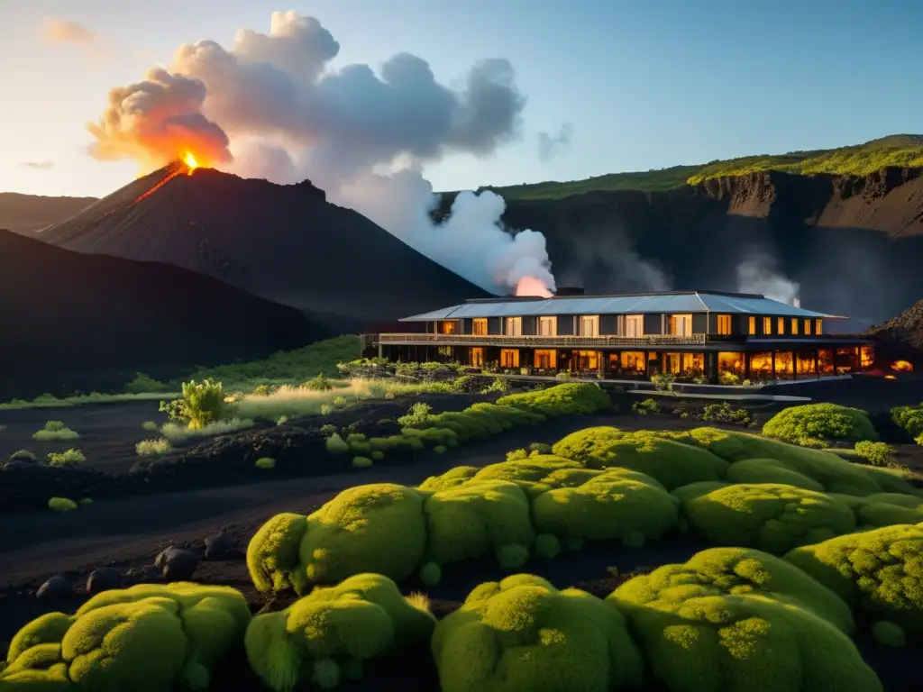 Hotel vintage en zona volcánica con arquitectura adaptativa, rodeado de paisaje dramático y vapor geotérmico