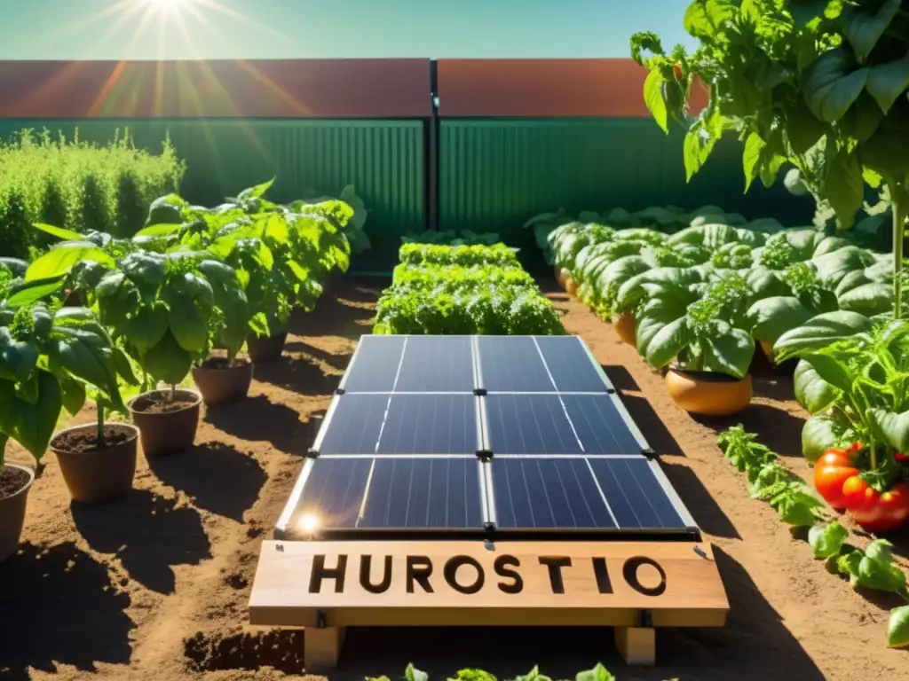 Un huerto solar doméstico bajo techo con paneles solares entre plantas frondosas y una encantadora señal de madera