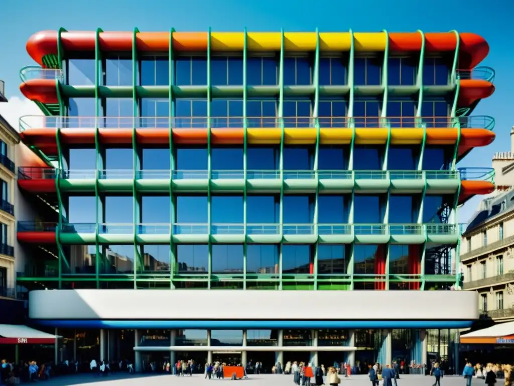 Una icónica arquitectura histórica en París: el moderno y vanguardista Centre Pompidou capturado en una brillante y soleada fotografía vintage