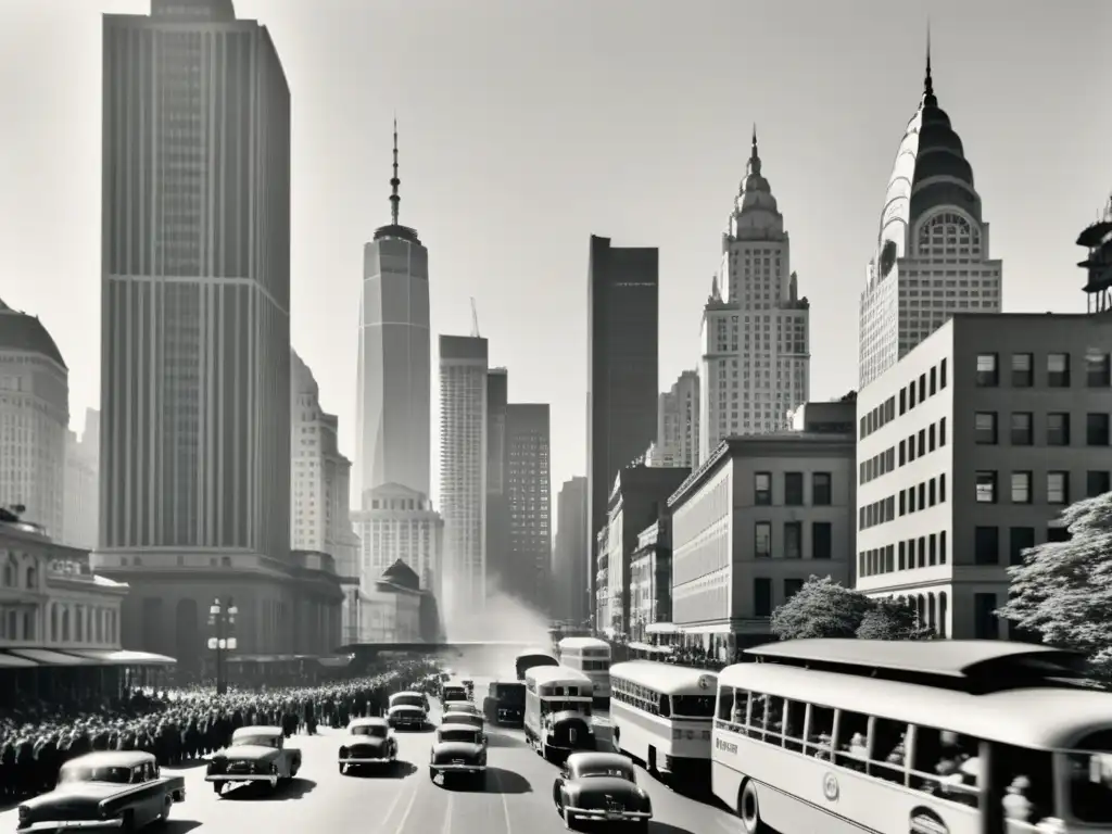 Una icónica fotografía en blanco y negro de un bullicioso horizonte urbano, destacando la contraposición entre la arquitectura histórica y las innovaciones tecnológicas en la construcción de rascacielos