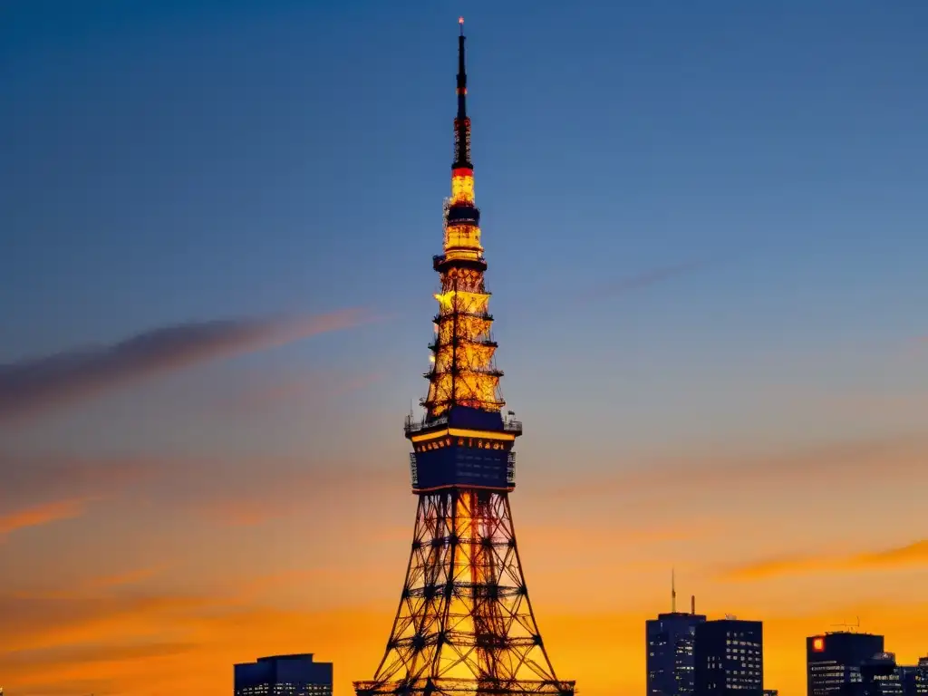 Una icónica Torre de Tokio se eleva en un vibrante atardecer, resaltando la arquitectura moderna en Japón con tonos cálidos y una elegancia atemporal