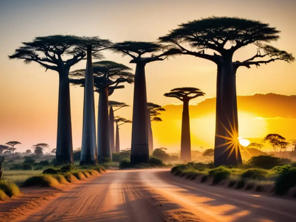 Un icónico atardecer en la Avenida de los Baobabs en Madagascar, bañando el paisaje en cálido resplandor dorado