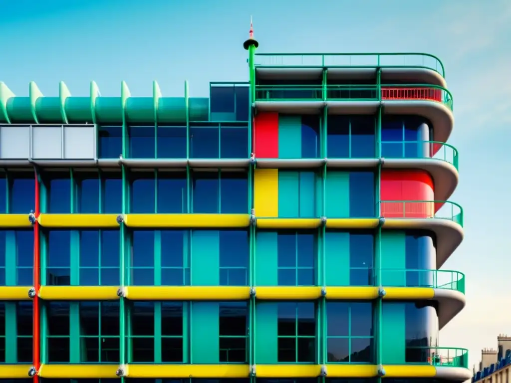 Fotografía de alta resolución del icónico Centro Pompidou en París, fusionando colores vibrantes, elementos industriales y diseño innovador