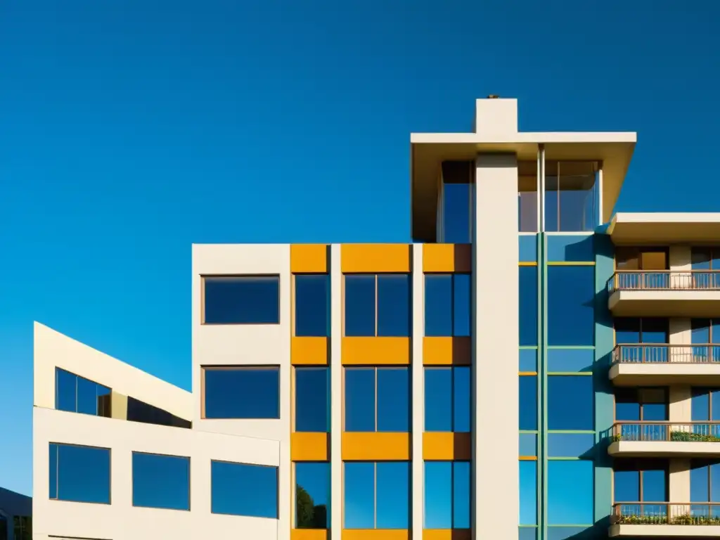 Una fotografía vintage del icónico Edificio Portland en Portland, Oregón, destacando sus elementos arquitectónicos postmodernos, su fachada colorida, formas geométricas y detalles decorativos