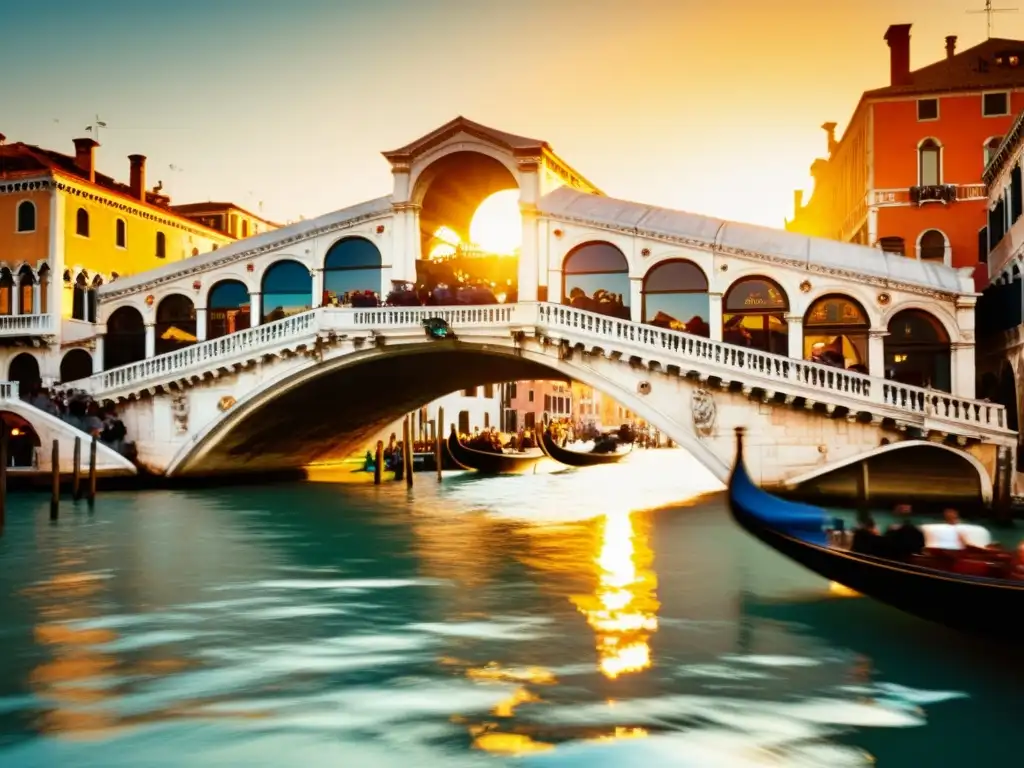 El icónico Puente de Rialto en Venecia durante el atardecer, muestra la elegante arquitectura renacentista y la actividad del Gran Canal