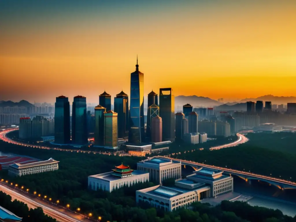 El icónico skyline de Beijing se refleja en rascacielos modernos al atardecer, simbolizando el auge arquitectónico de la ciudad