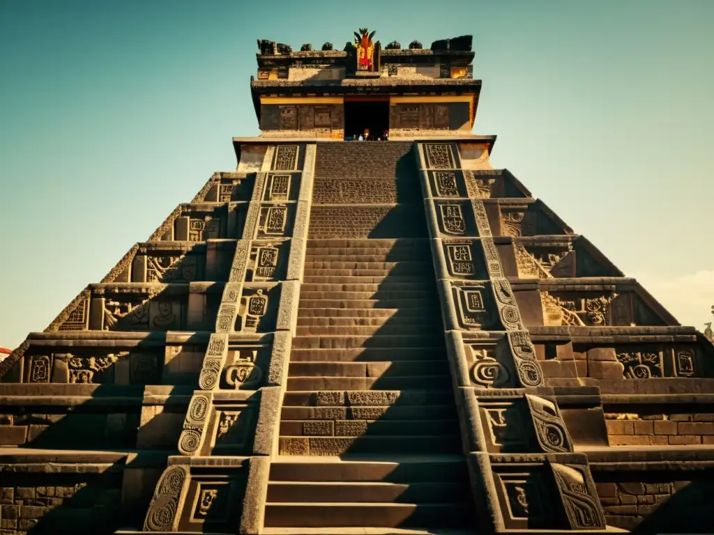 Una fotografía vintage de alta resolución del icónico Templo Mayor en la Ciudad de México, con detalles arquitectónicos de la antigua cultura azteca