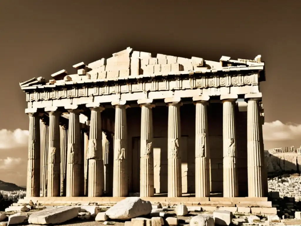 Una fotografía vintage de alta resolución del icónico templo del Partenón en Atenas, Grecia, capturando la belleza atemporal de la arquitectura griega