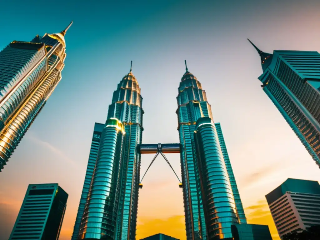 Iconos de la arquitectura moderna en Malasia: las icónicas Torres Petronas se elevan majestuosamente contra un atardecer vibrante y cálido