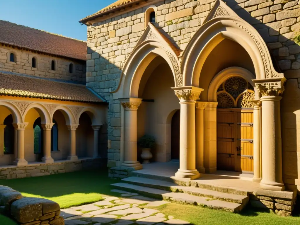 Una iglesia románica bien conservada bañada por la cálida luz dorada, resaltando los detalles arquitectónicos