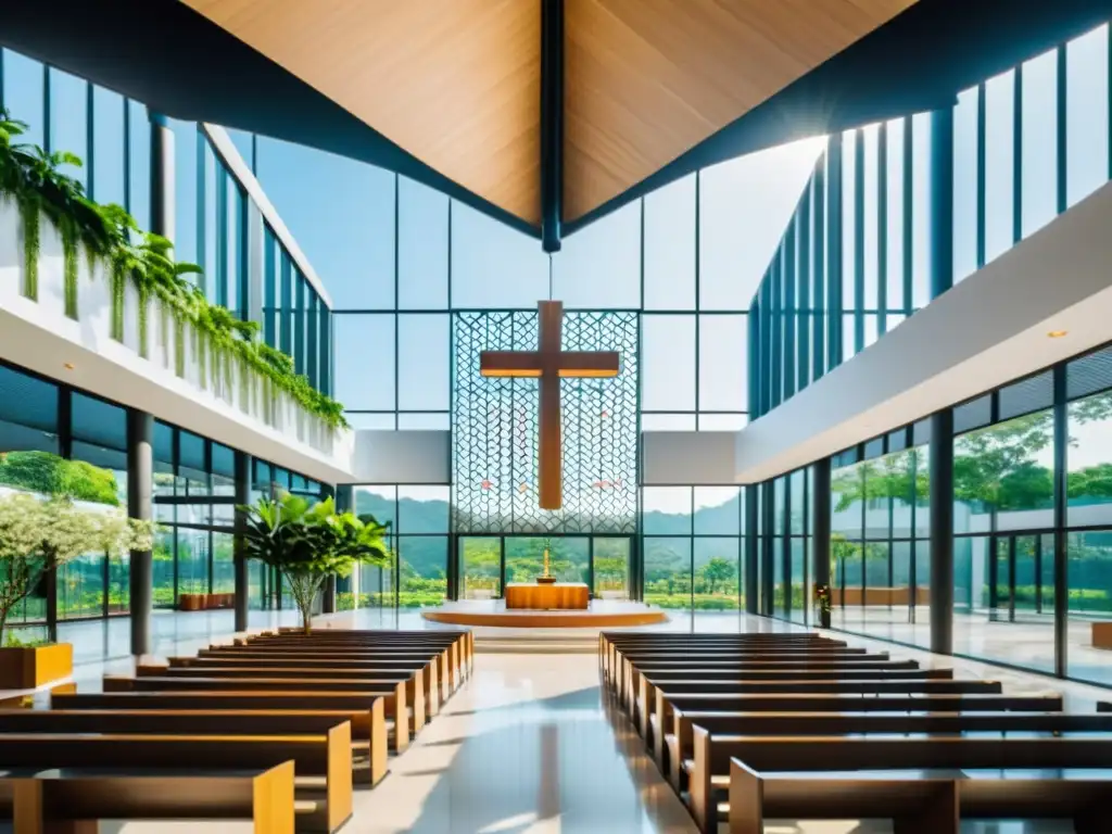 Una iglesia moderna impresionante en una bulliciosa ciudad asiática, fusionando elementos religiosos tradicionales con diseño contemporáneo