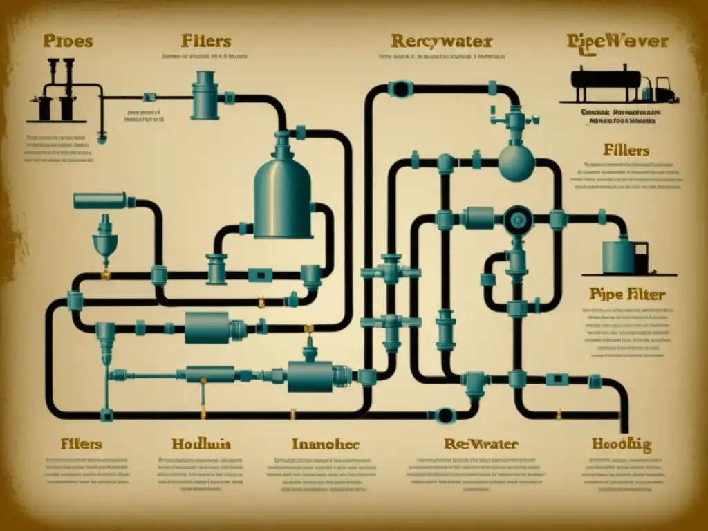 Una ilustración vintage de un complejo sistema de tuberías y filtros, mostrando el proceso de reciclaje de aguas grises en una vivienda sostenible