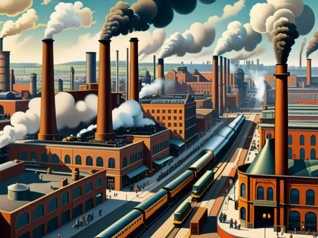 Una ilustración detallada de una bulliciosa ciudad industrial vintage, con fábricas imponentes, calles llenas de carruajes y peatones, y detalles arquitectónicos ornamentados