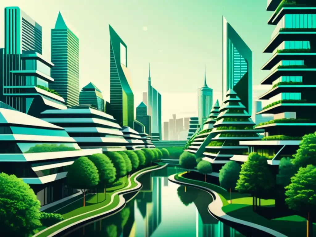 Una ilustración detallada de una ciudad futurista con edificios angulares y reflejos, rodeada de vegetación