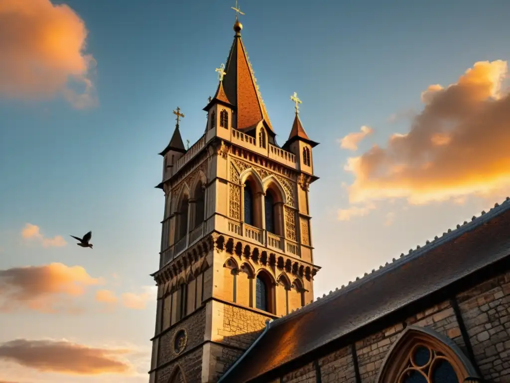 Una ilustración detallada y vintage de una torre de iglesia medieval, con hermosas vidrieras y una atmósfera de serenidad