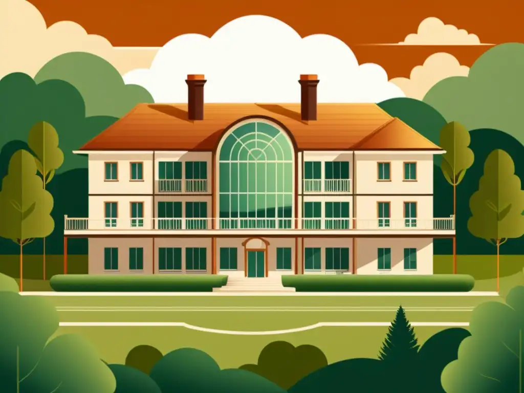 Una ilustración vintage de un edificio tradicional con sistemas de energía geotérmica integrados, rodeado de exuberante vegetación