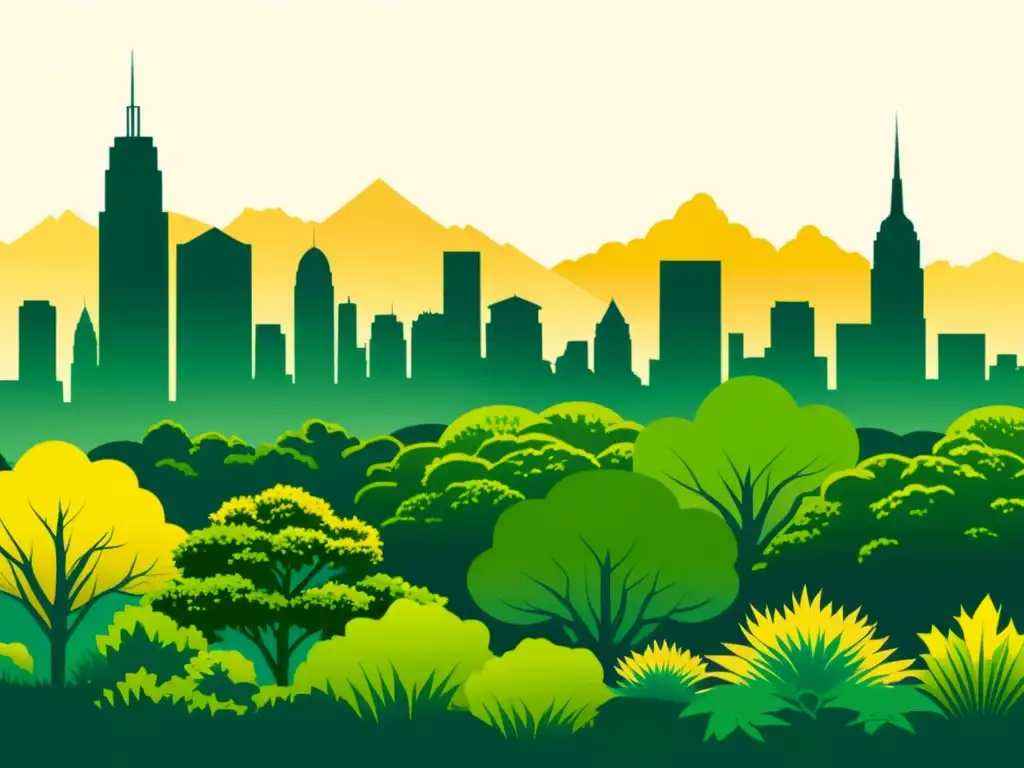 Una ilustración vintage de un horizonte urbano moderno con techos verdes exuberantes, creando un oasis ecológico en la ciudad