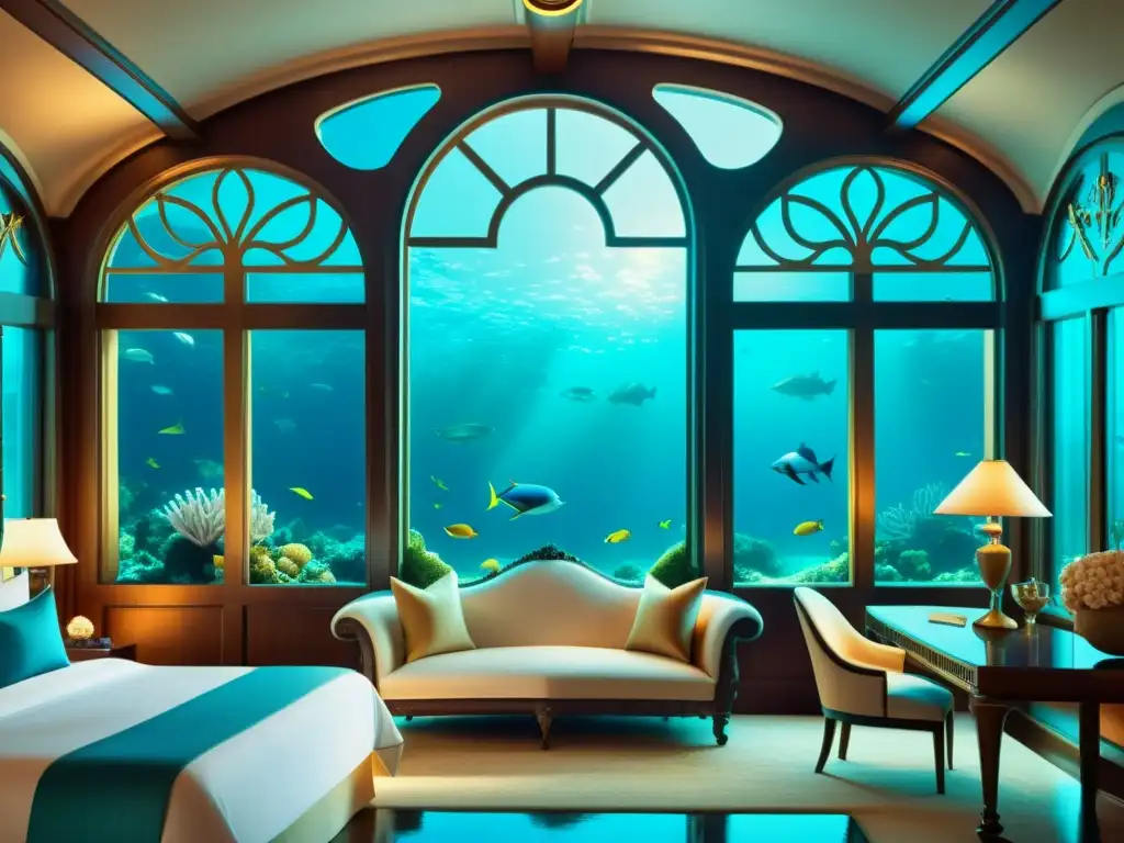 Una ilustración vintage de un lujoso hotel bajo el mar, con detalles arquitectónicos elaborados y ventanas panorámicas que muestran la vida marina