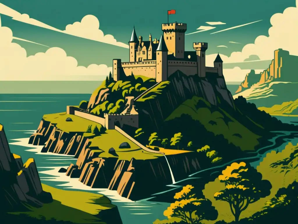 Una ilustración vintage de un paisaje rocoso con un imponente castillo en un acantilado