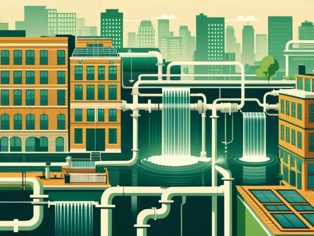 Una ilustración vintage de un paisaje urbano bullicioso con sistemas intrincados de recolección y distribución de agua integrados en la arquitectura