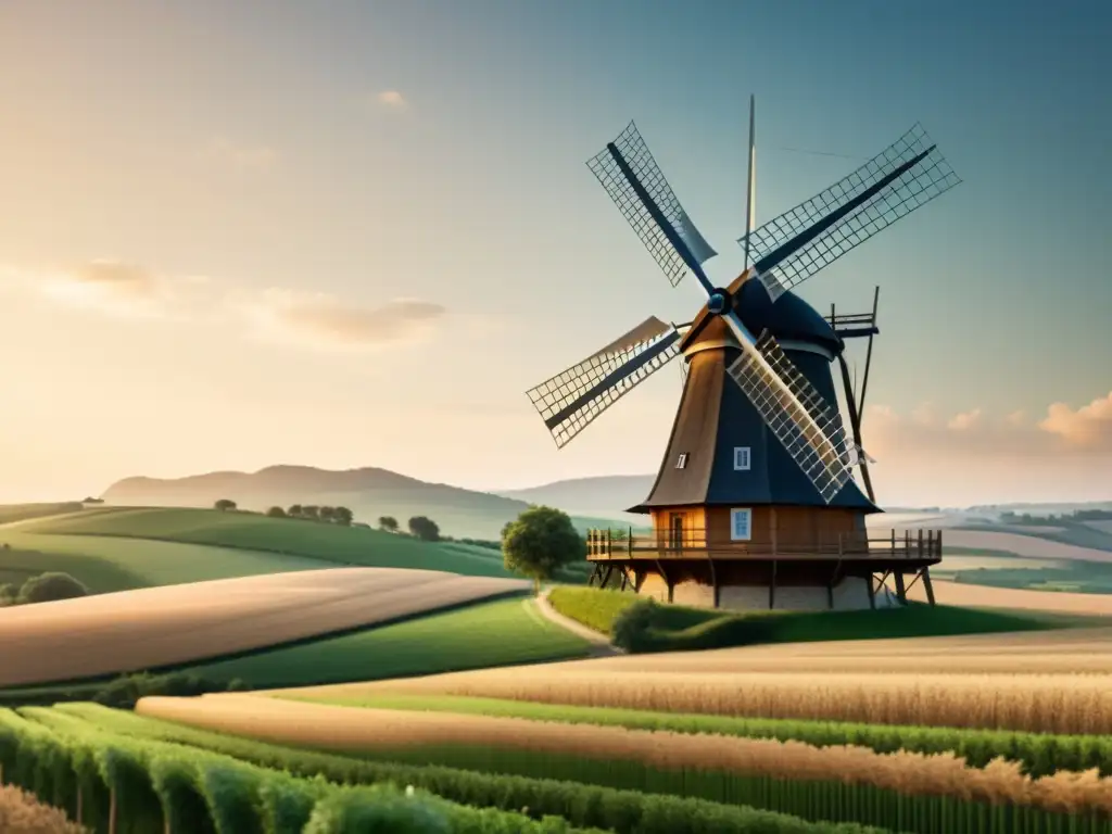 Una ilustración vintage de un molino de viento tradicional integrado con arquitectura moderna sostenible en un paisaje rural