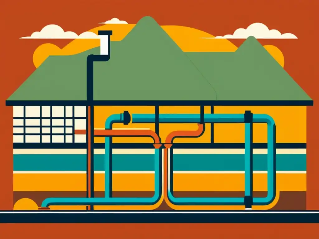 Una ilustración vintage de un sistema geotérmico integrado en la arquitectura moderna, destacando los beneficios de la geotermia en arquitectura