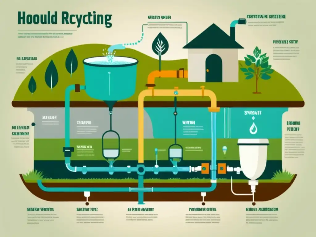 Una ilustración vintage de un sistema de reciclaje de aguas grises en vivienda sostenible, con detalles detallados y cálidos colores evocando nostalgia y sostenibilidad