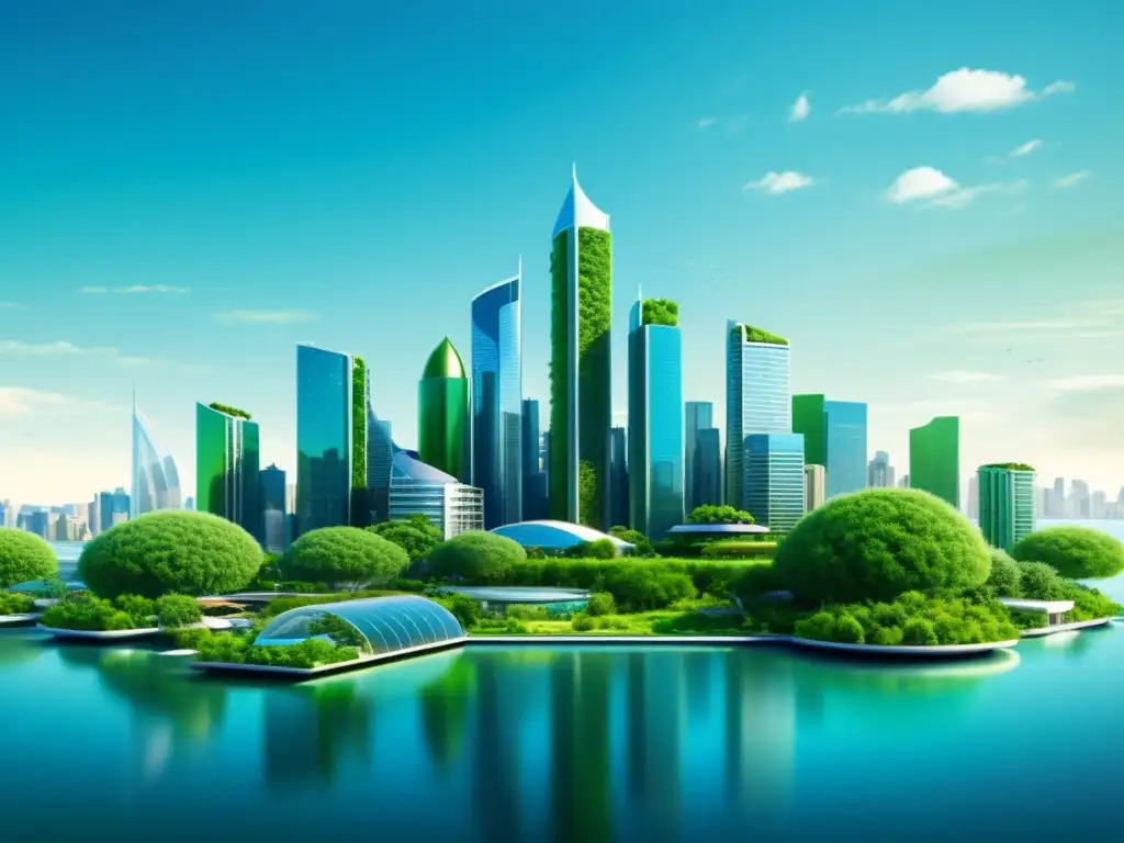Una ilustración vintage de un skyline futurista con arquitectura sostenible de algas, integrada en edificios altos y diseño innovador