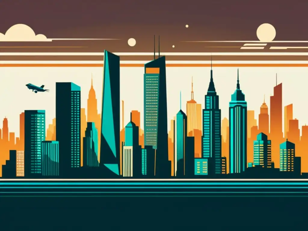 Una ilustración vintage de un skyline futurista con rascacielos imponentes y detallados sistemas de seguridad, evocando protocolos de seguridad en rascacielos con un toque retrofuturista