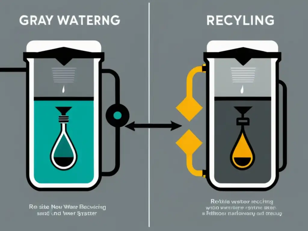 Comparación ilustrada de sistemas de reciclaje de aguas grises en vivienda sostenible, mostrando la evolución tecnológica y la eficiencia