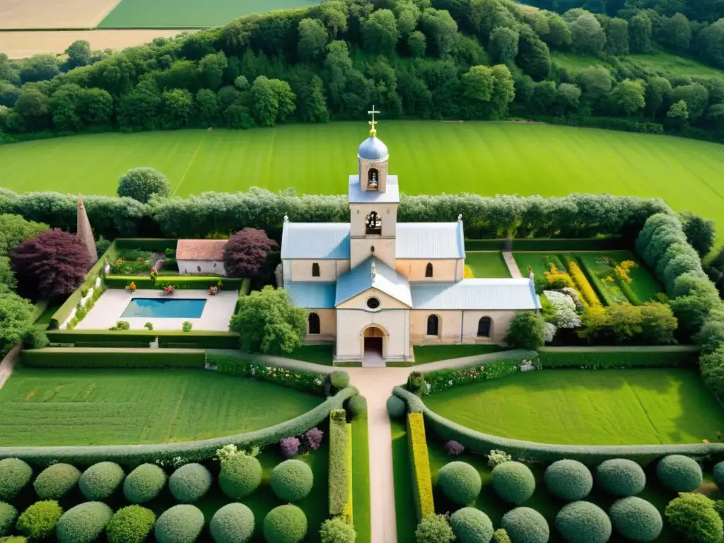 Imagen aérea de un antiguo monasterio en un valle exuberante, rodeado de jardines y montañas