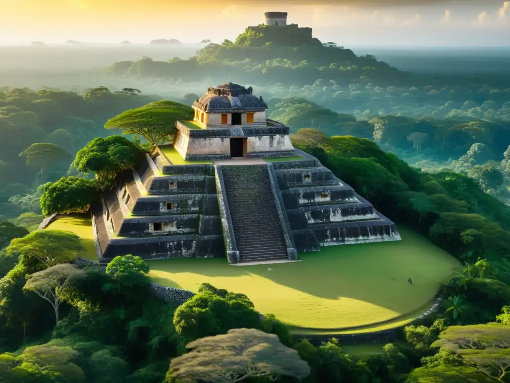 Imagen en 8k de la antigua observatorio maya en la selva con arquitectura astronómica de los Mayas y una atmósfera de misterio y asombro