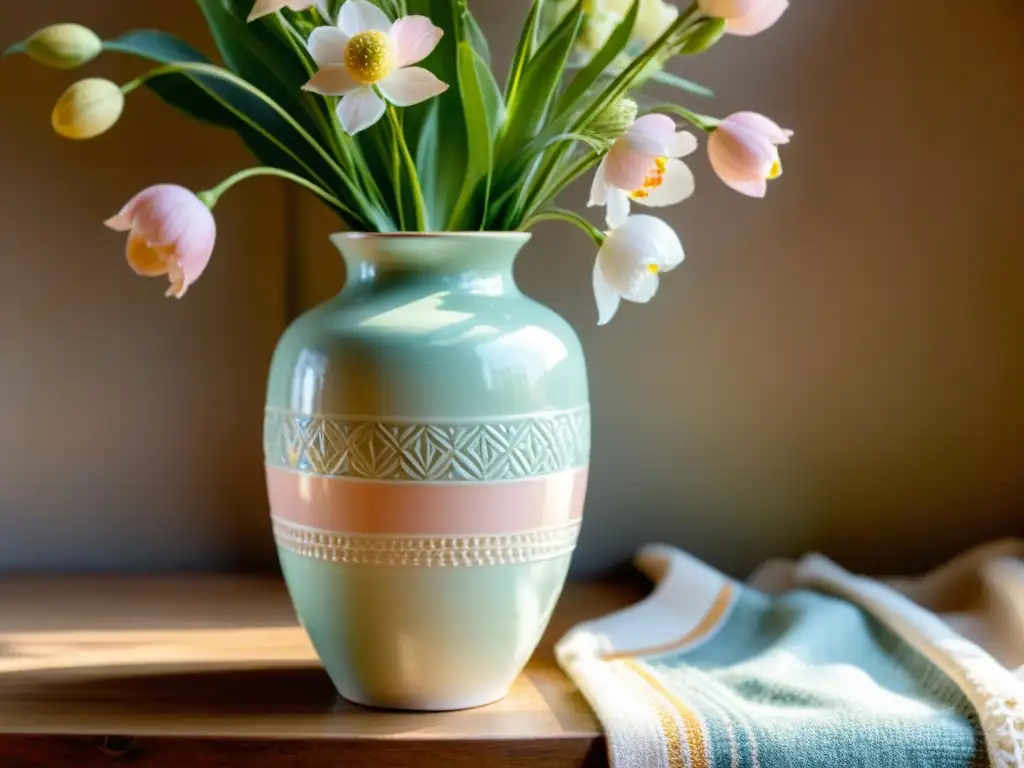 Imagen de un antiguo jarrón de cerámica artesanal con patrones florales pintados a mano en tonos suaves